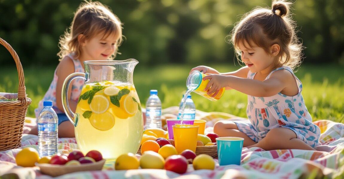Two young children enjoying a sunny outdoor picnic while pouring water into colorful cups, surrounded by fresh fruits and bottled water, illustrating healthy hydration habits for kids.