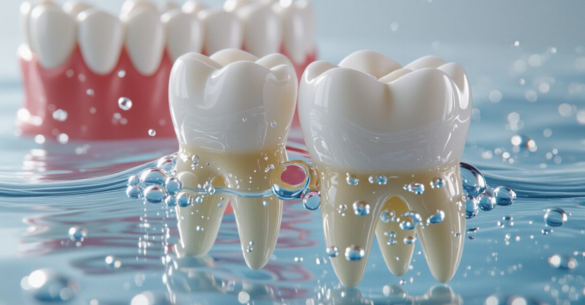 clean, healthy teeth surrounded by water and bubbles, symbolizing how water helps protect and strengthen teeth by washing away acids and maintaining oral health.