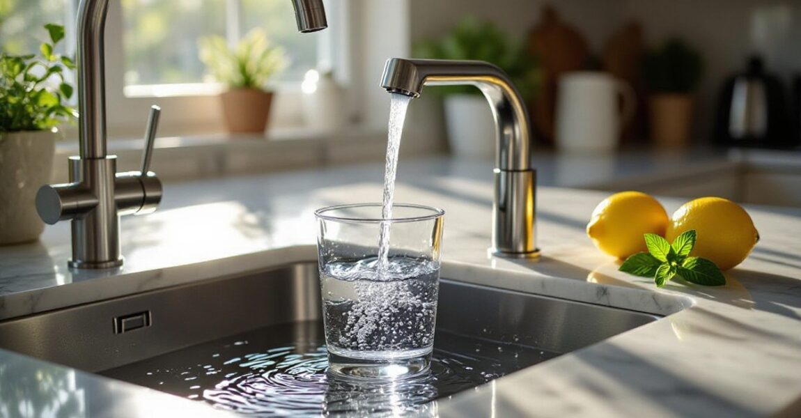 A glass of water being filled at a kitchen sink in morning light, symbolizing the benefits of starting your day hydrated
