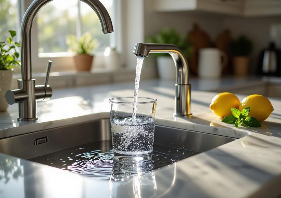 A glass of water being filled at a kitchen sink in morning light, symbolizing the benefits of starting your day hydrated