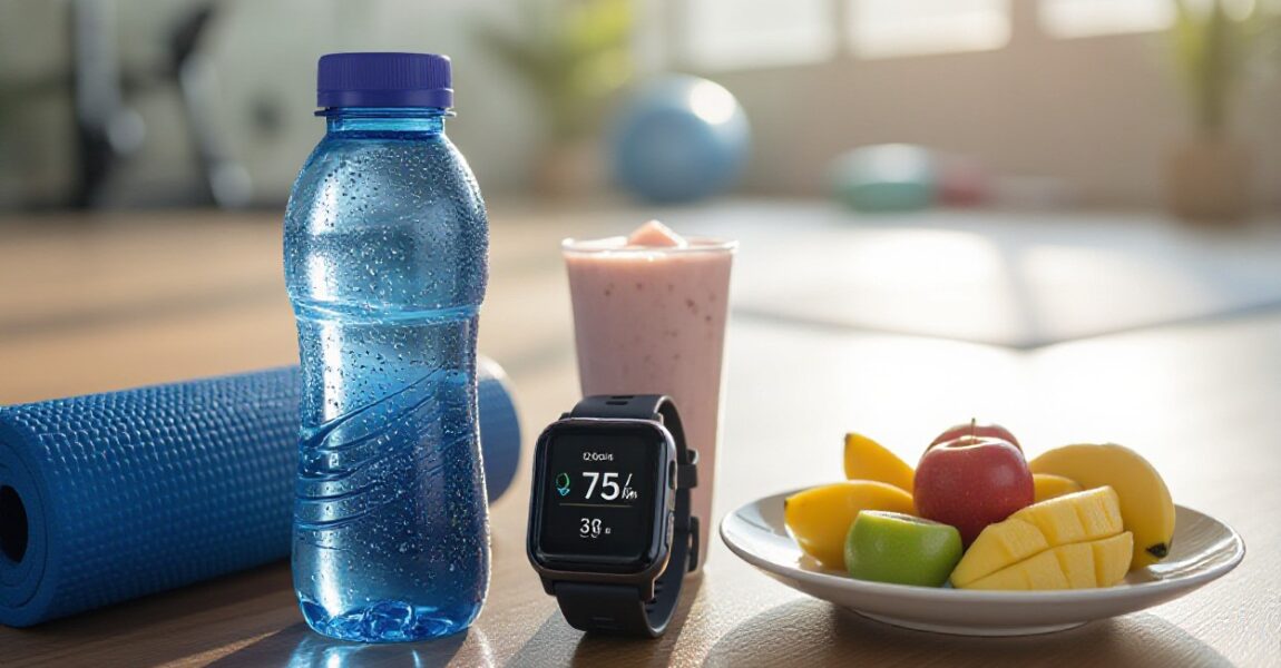 A chilled bottle of water sits beside a fitness mat, a smartwatch displaying health stats, a smoothie, and a plate of fresh fruits symbolizing how proper hydration supports faster recovery after a long, tiring day.