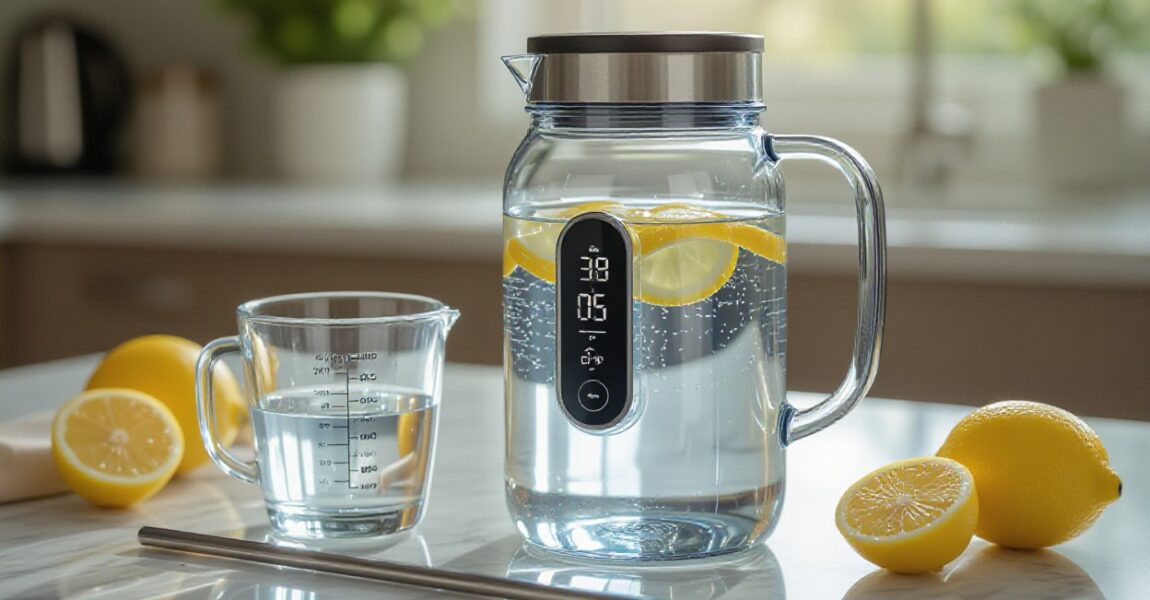 Lemon-infused water pitcher on a counter showing simple hydration habits.