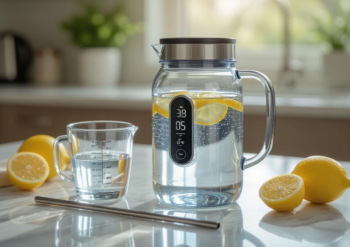 Lemon-infused water pitcher on a counter showing simple hydration habits.