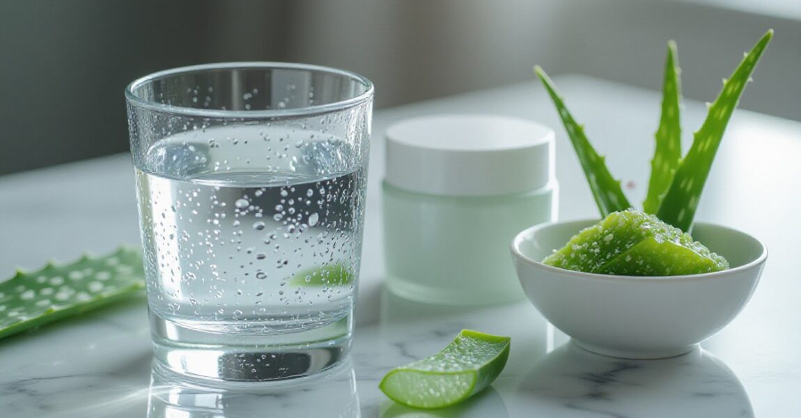 A glass of clear water on a marble table beside aloe vera leaves and skincare products, illustrating how proper hydration and natural care can help reduce acne and improve skin health.