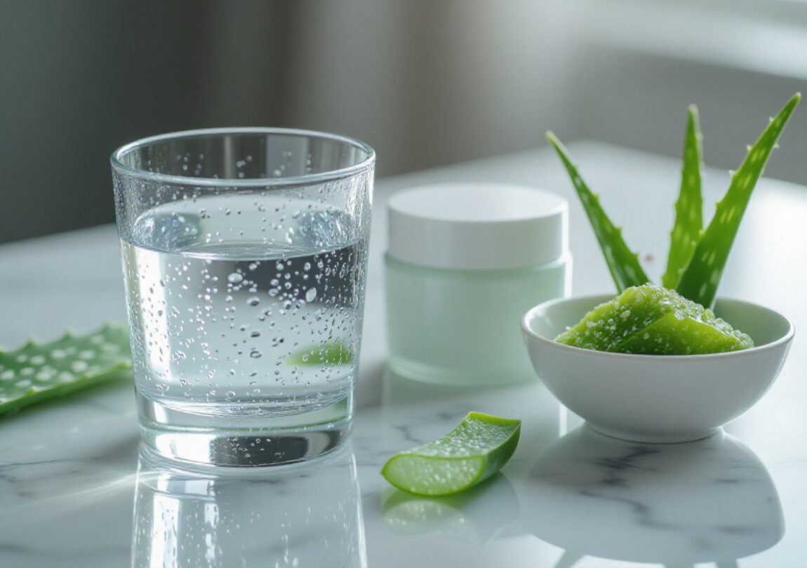 A glass of clear water on a marble table beside aloe vera leaves and skincare products, illustrating how proper hydration and natural care can help reduce acne and improve skin health.