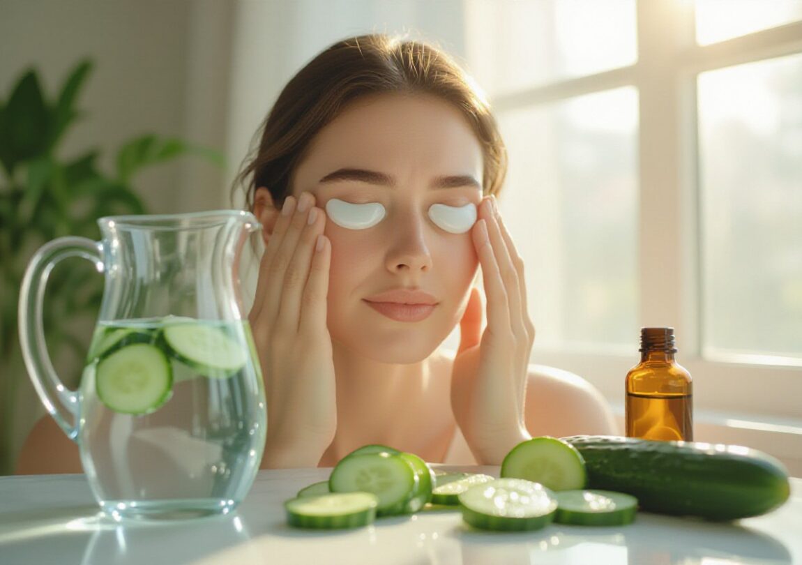 A woman relaxing with eye patches beside a jug of cucumber-infused water, highlighting hydration and natural remedies for dark circles.