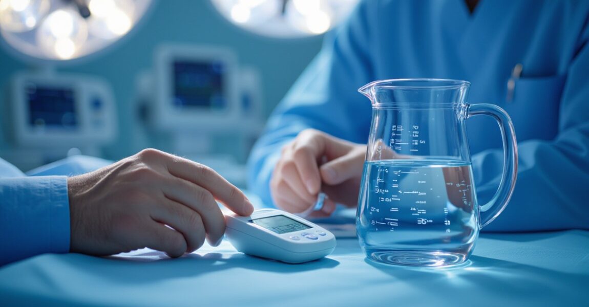 A close-up of medical professionals in blue scrubs reviewing blood pressure data beside a clear glass jug of water, symbolizing research on how proper hydration can help support healthy blood pressure levels