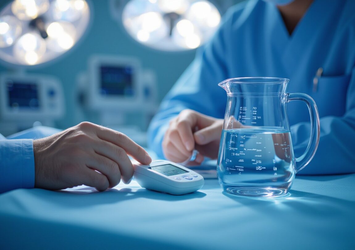 A close-up of medical professionals in blue scrubs reviewing blood pressure data beside a clear glass jug of water, symbolizing research on how proper hydration can help support healthy blood pressure levels
