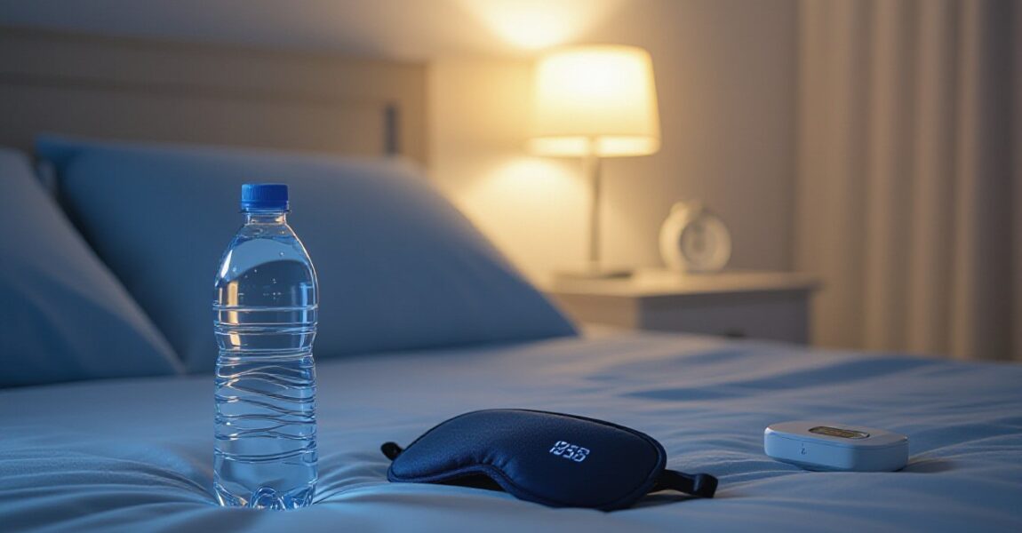 A bottle of water placed on a neatly made bed beside a sleep mask and bedside lamp, illustrating the connection between staying hydrated and supporting better sleep quality.