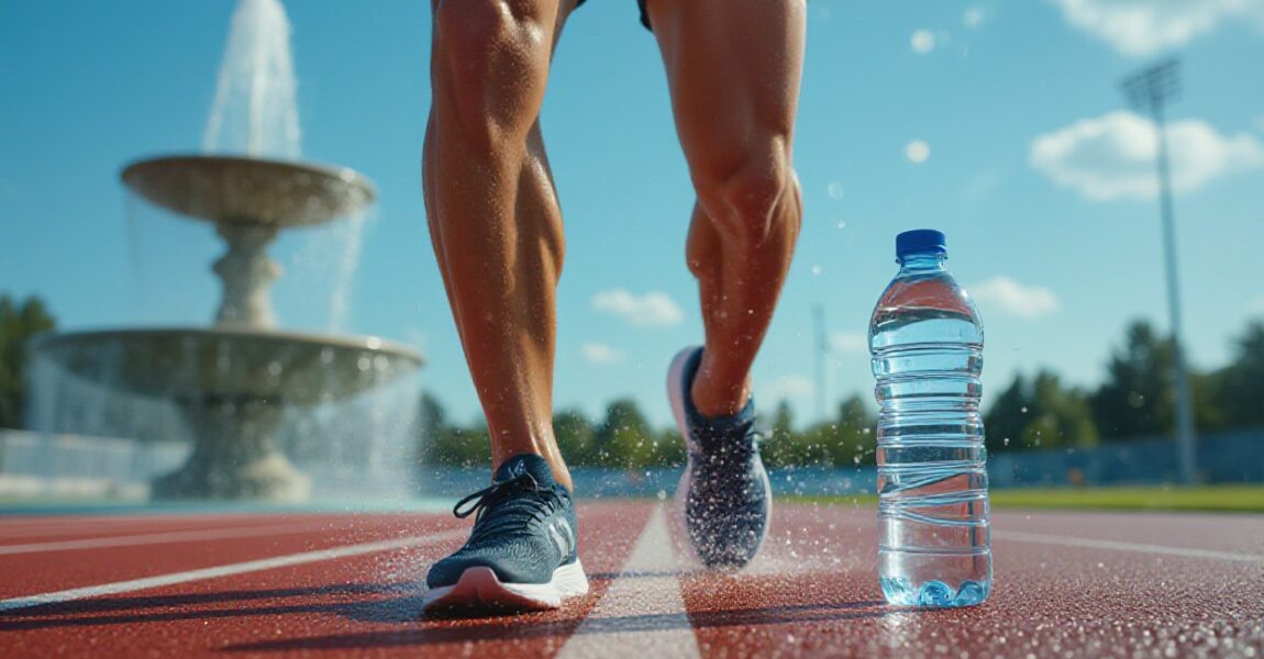A runner on an outdoor track passes a bottle of water placed beside the lane, with water droplets on the ground and a fountain in the background, highlighting the importance of staying hydrated to prevent muscle cramps during exercise
