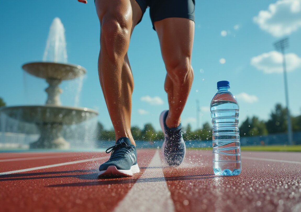 A runner on an outdoor track passes a bottle of water placed beside the lane, with water droplets on the ground and a fountain in the background, highlighting the importance of staying hydrated to prevent muscle cramps during exercise