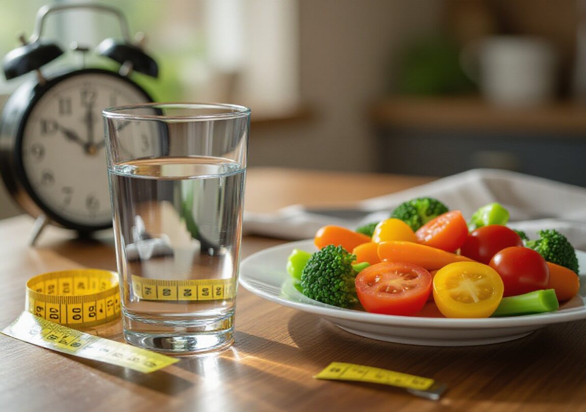 A glass of water sits beside a plate of fresh vegetables and a measuring tape, illustrating the idea of drinking water before meals to support portion control and reduce calorie intake.