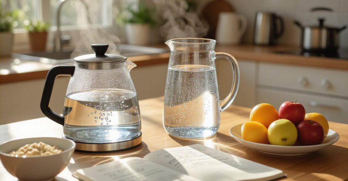A kitchen table with a steaming glass kettle of hot water, a clear pitcher of cold water with condensation, a bowl of cereal, and a plate of fresh fruits, symbolizing the choice between hot and cold water for supporting better morning digestion.