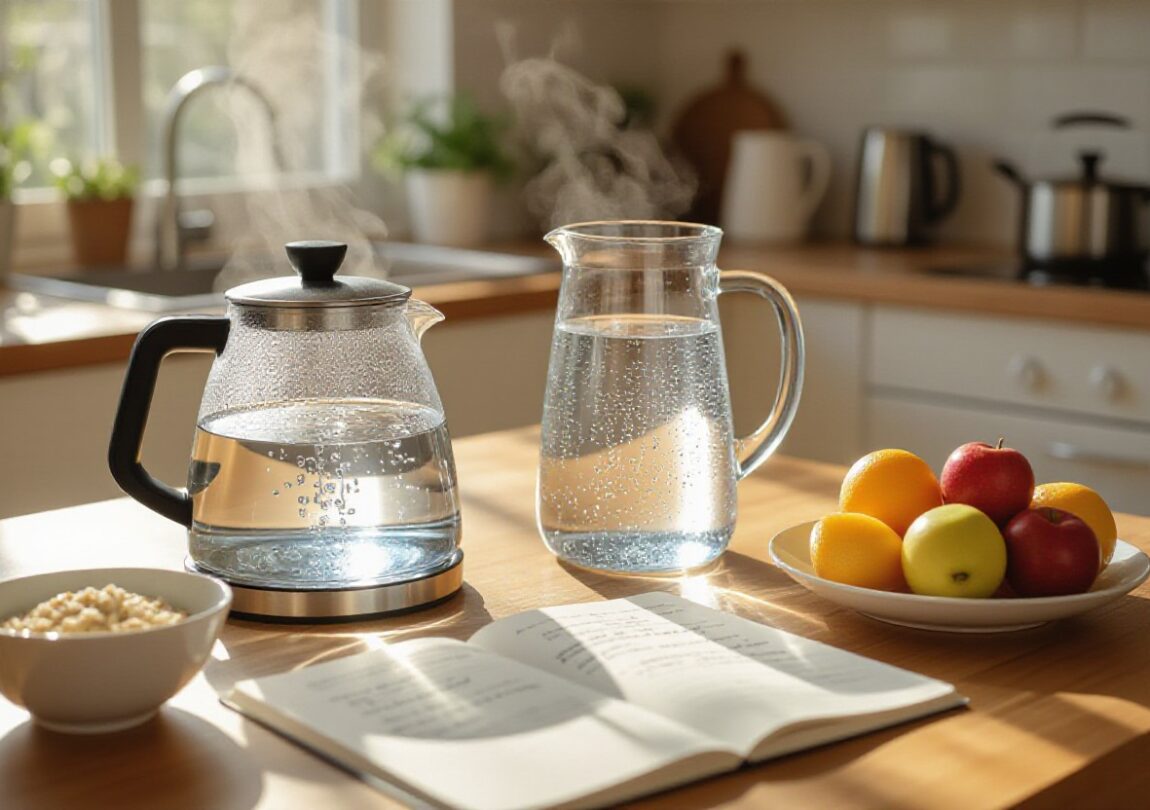 A kitchen table with a steaming glass kettle of hot water, a clear pitcher of cold water with condensation, a bowl of cereal, and a plate of fresh fruits, symbolizing the choice between hot and cold water for supporting better morning digestion.