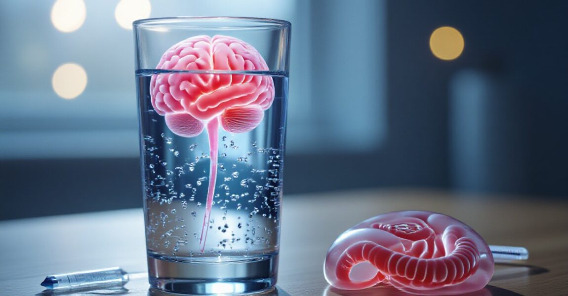 A clear glass of water with a stylized human brain immersed inside, symbolizing how staying hydrated supports brain function, focus, and mental balance during stressful times.