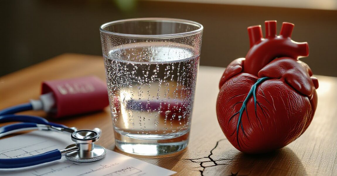 A glass of water beside a heart model and stethoscope, symbolizing how proper hydration supports heart health.