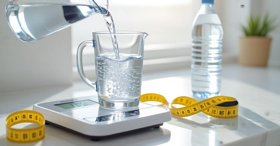 A glass of water being poured from a jug and placed on a digital scale, with a measuring tape and a water bottle nearby, illustrating how water intake is linked to weight management and healthy lifestyle habits.
