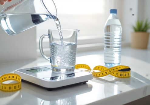 A glass of water being poured from a jug and placed on a digital scale, with a measuring tape and a water bottle nearby, illustrating how water intake is linked to weight management and healthy lifestyle habits.