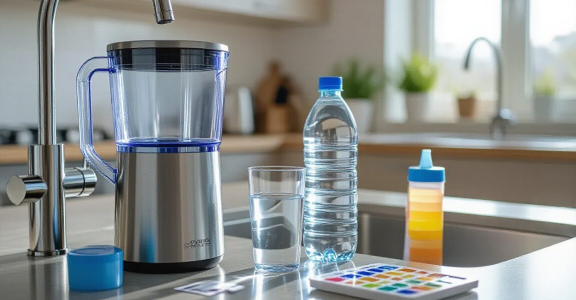 A clean kitchen counter showing a water filter jug under a tap, a glass of clear water, a bottled water container, and water testing tools, highlighting the importance of choosing safe, high-quality drinking water for family health.