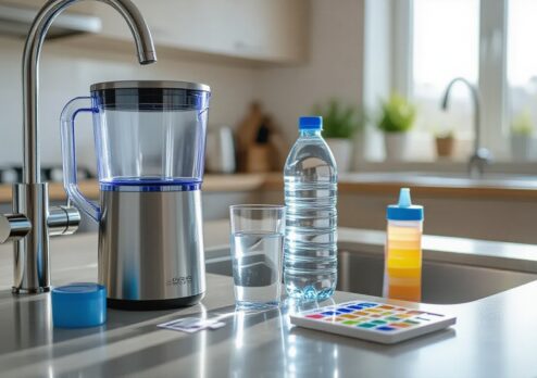 A clean kitchen counter showing a water filter jug under a tap, a glass of clear water, a bottled water container, and water testing tools, highlighting the importance of choosing safe, high-quality drinking water for family health.