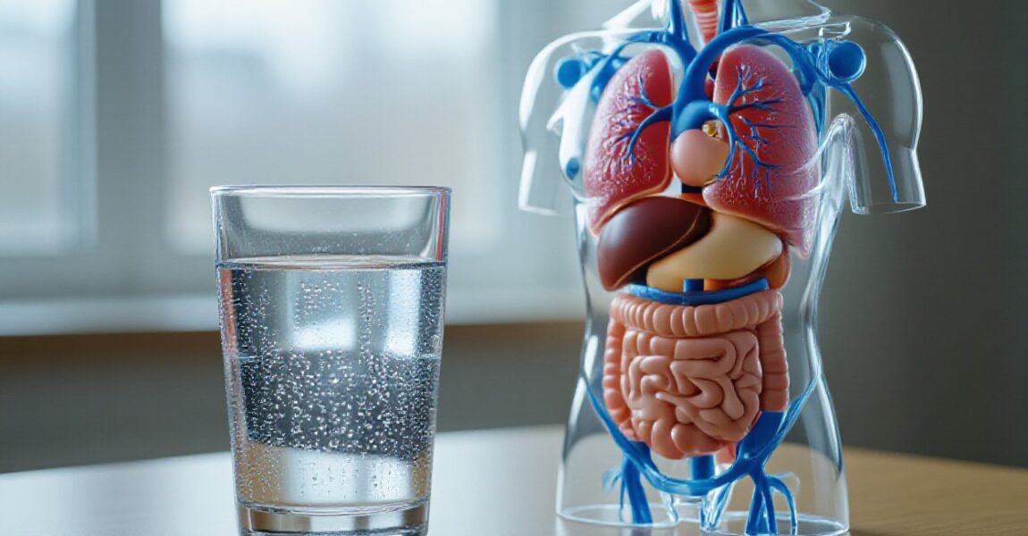 A glass of water beside a human body model showing organs, illustrating how proper hydration supports better overall body function.
