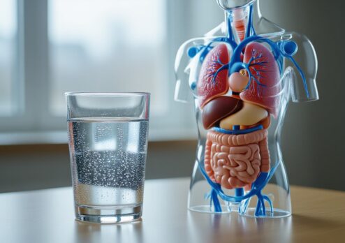 A glass of water beside a human body model showing organs, illustrating how proper hydration supports better overall body function.