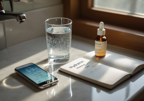 Clear glass of water on a kitchen counter beside a hydration‑tracking smartphone screen, a small skincare dropper bottle, and an open notebook—visually linking daily water intake with mindful skin care.