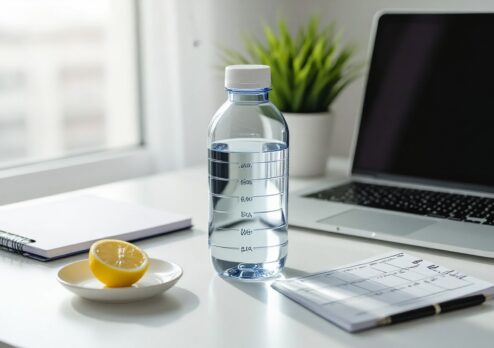 A clear water bottle on a bright desk beside a laptop, notebook, and a slice of lemon, suggesting how drinking water can refresh the mind and instantly improve mood in a calm workspace