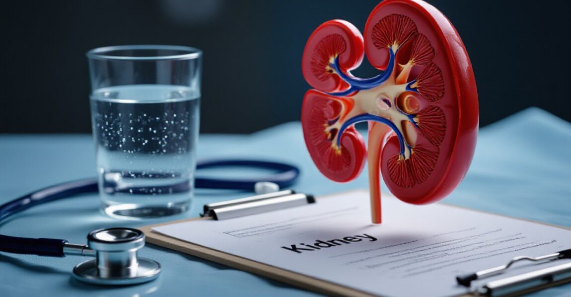 Medical illustration of a human kidney model on a desk beside a glass of water, stethoscope, and a clipboard labeled ‘Kidney,’ highlighting the connection between proper hydration and kidney health