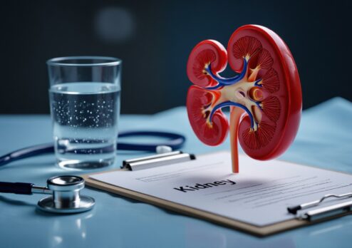 Medical illustration of a human kidney model on a desk beside a glass of water, stethoscope, and a clipboard labeled ‘Kidney,’ highlighting the connection between proper hydration and kidney health