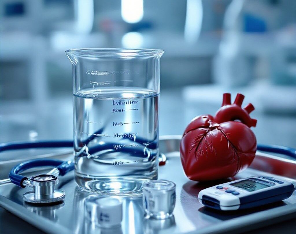 Glass of mineral water on a medical tray beside a heart model and stethoscope, symbolizing the potential health benefits of minerals in mineral water for heart and overall wellness.