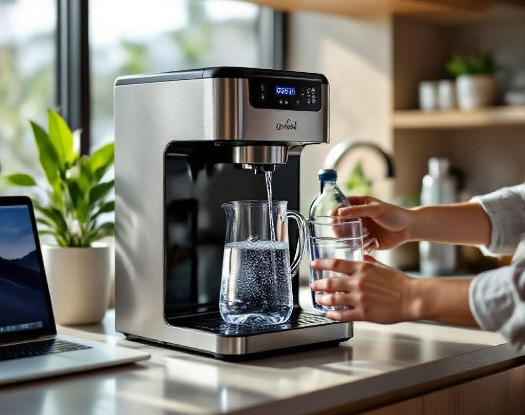 Employee filling a glass from a water dispenser in an office, showing the importance of quality drinking water in the workplace.