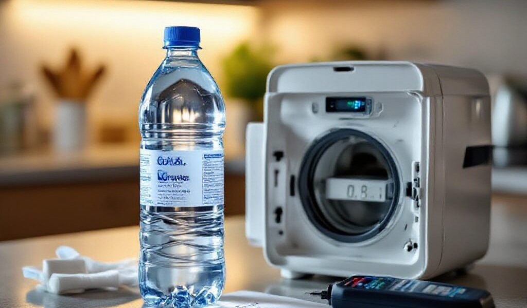 Clean bottled drinking water beside a water testing device and filtration system, highlighting the importance of water quality for health