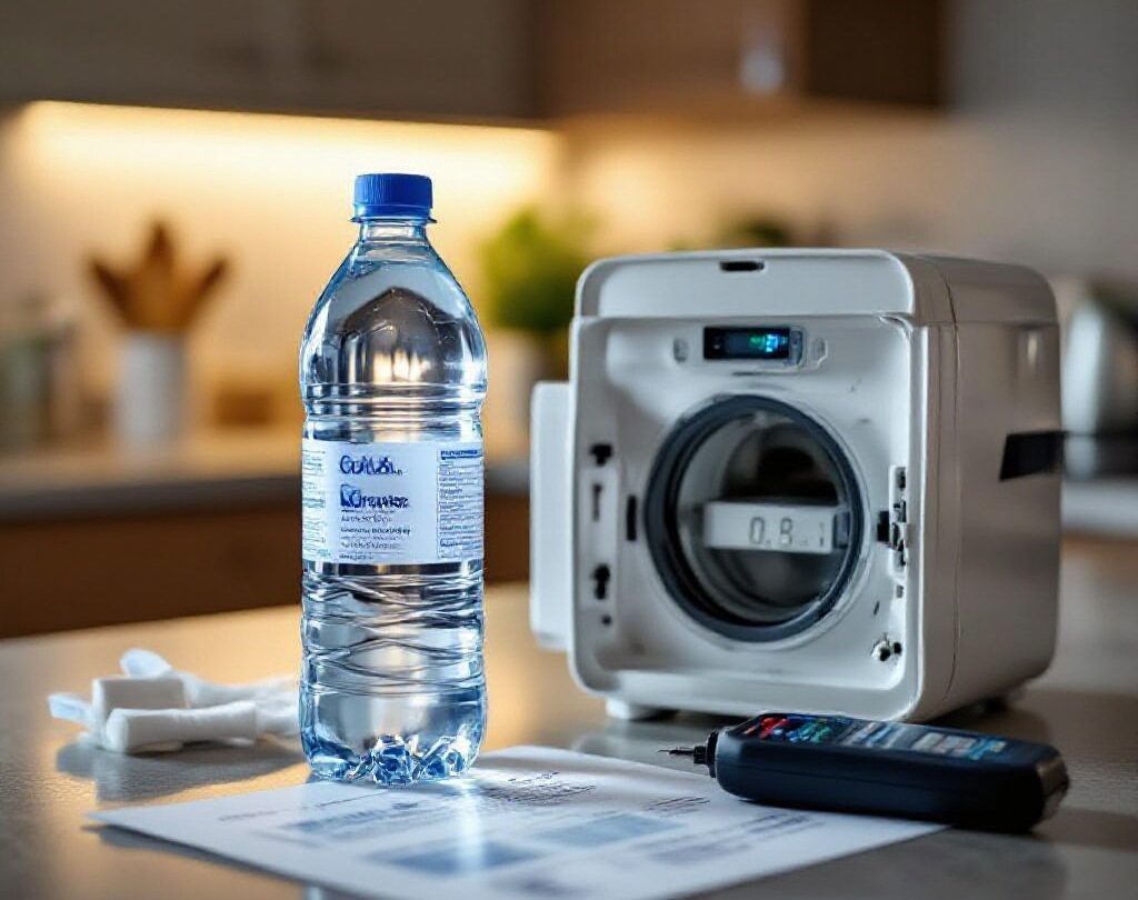 Clean bottled drinking water beside a water testing device and filtration system, highlighting the importance of water quality for health