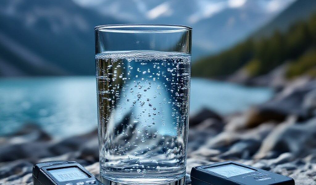 Glass of mineral water with visible bubbles beside water testing devices, showing how mineral content affects taste.