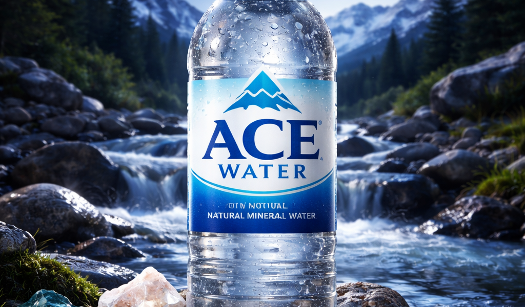 Bottle of ACE natural mineral water placed in a flowing mountain stream at night, illustrating how water absorbs dissolved minerals from rocks and nature, giving mineral water its natural purity and rich mineral content.