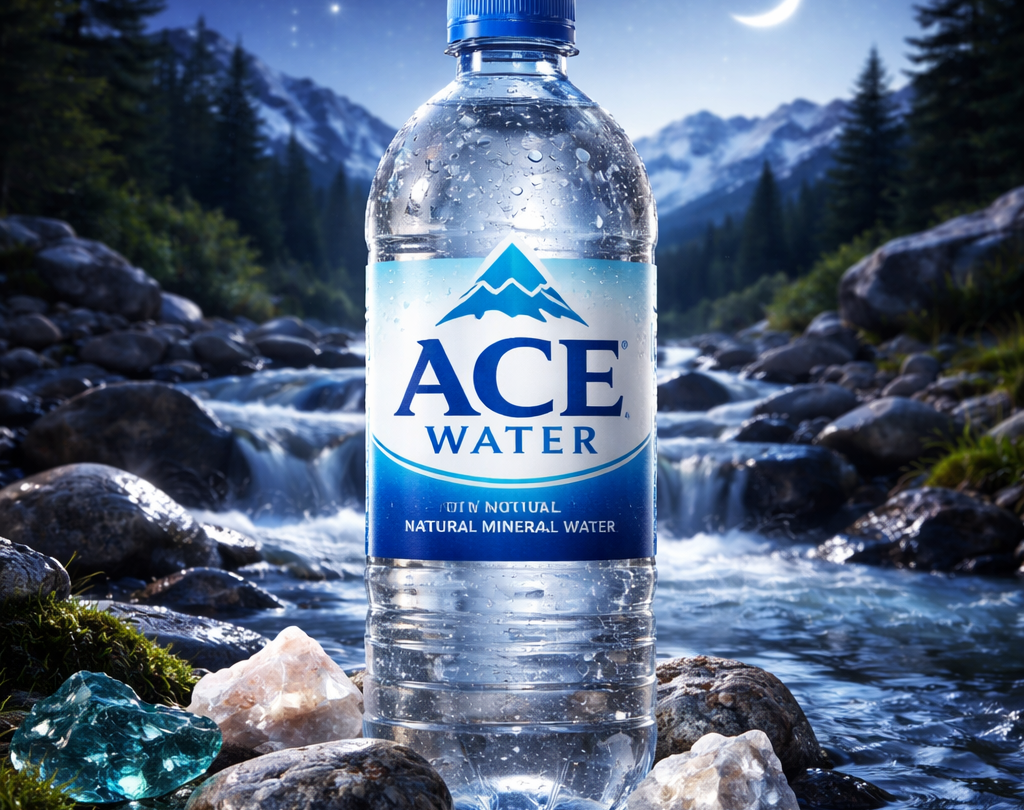 Bottle of ACE natural mineral water placed in a flowing mountain stream at night, illustrating how water absorbs dissolved minerals from rocks and nature, giving mineral water its natural purity and rich mineral content.
