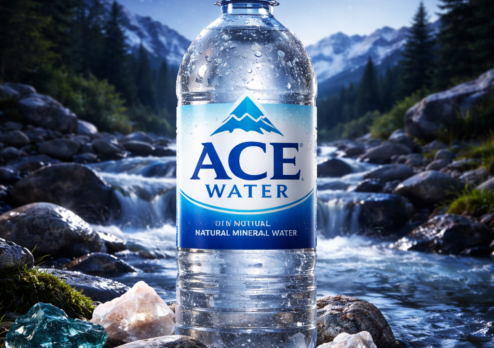 Bottle of ACE natural mineral water placed in a flowing mountain stream at night, illustrating how water absorbs dissolved minerals from rocks and nature, giving mineral water its natural purity and rich mineral content.