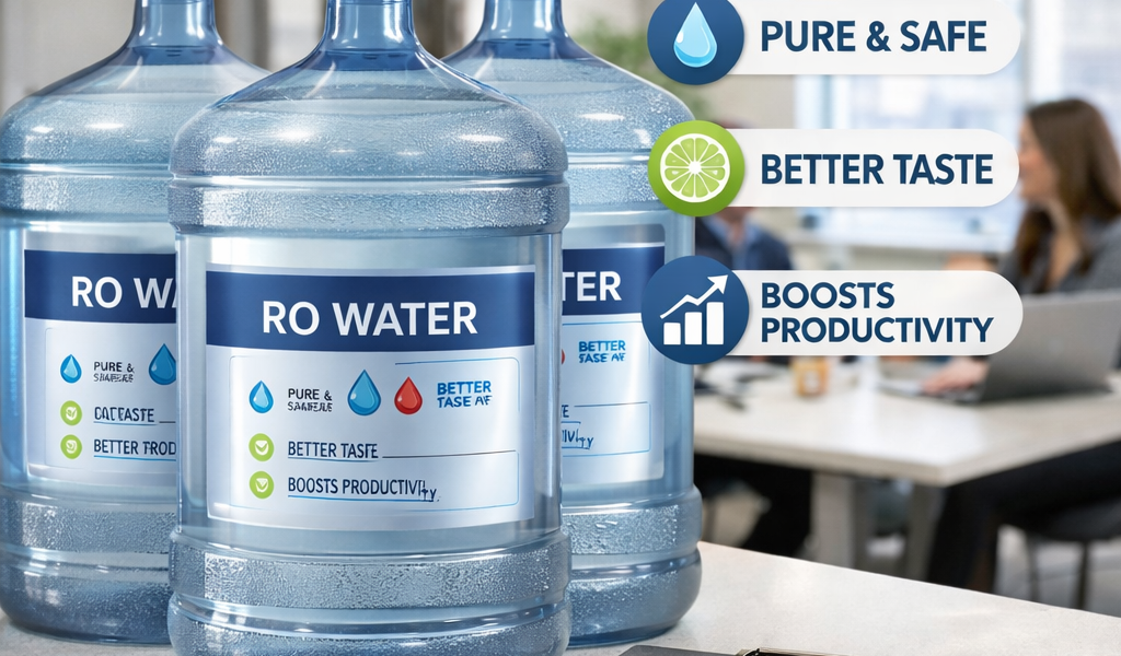 Office setting with multiple RO water gallon bottles labeled “pure & safe,” “better taste,” and “boosts productivity,” highlighting why workplaces prefer RO water for clean, great-tasting hydration and improved employee performance.