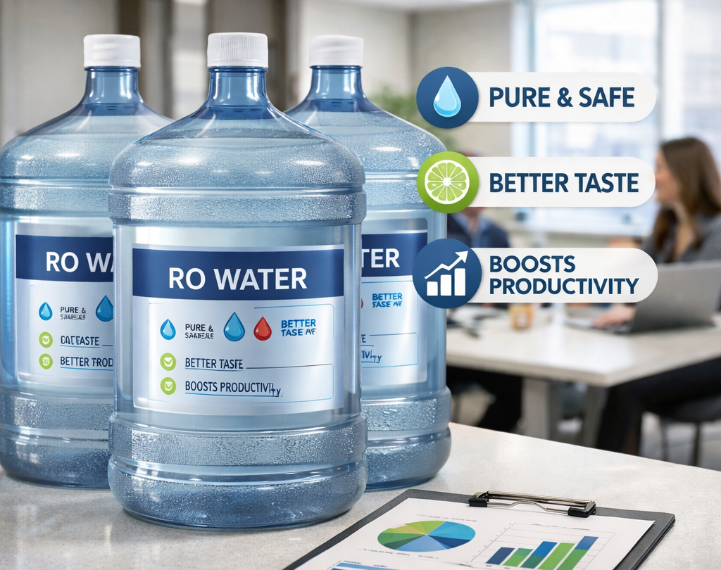 Office setting with multiple RO water gallon bottles labeled “pure & safe,” “better taste,” and “boosts productivity,” highlighting why workplaces prefer RO water for clean, great-tasting hydration and improved employee performance.