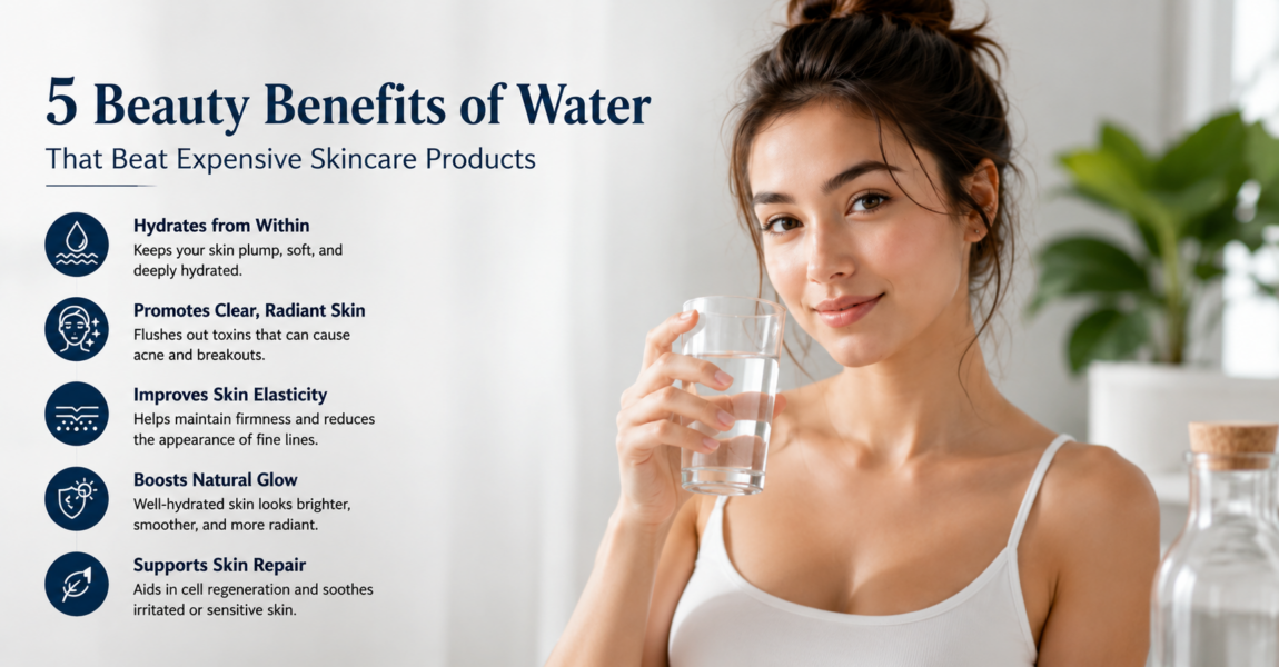 Woman holding a glass of water beside skincare products with infographic showing 5 beauty benefits of water, including hydration, clearer skin, improved elasticity, natural glow, and skin repair.