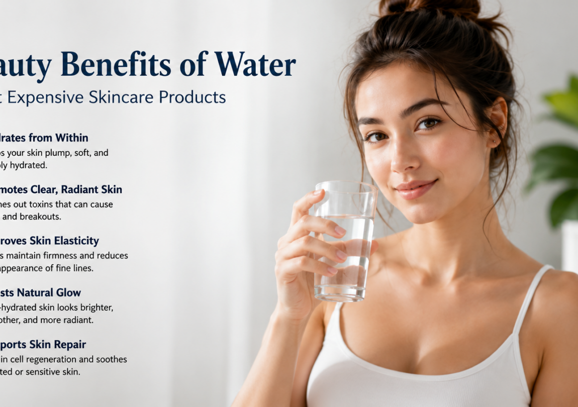 Woman holding a glass of water beside skincare products with infographic showing 5 beauty benefits of water, including hydration, clearer skin, improved elasticity, natural glow, and skin repair.