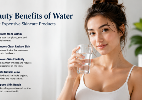 Woman holding a glass of water beside skincare products with infographic showing 5 beauty benefits of water, including hydration, clearer skin, improved elasticity, natural glow, and skin repair.