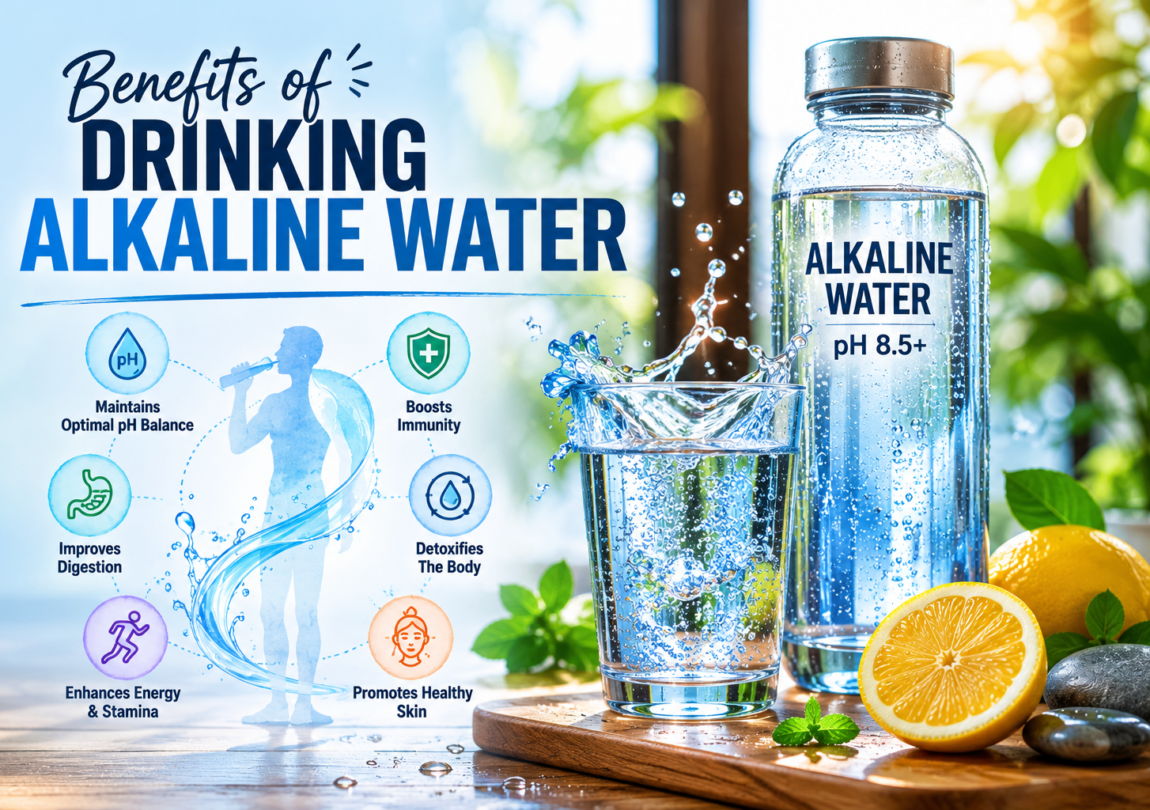 Infographic showing the benefits of drinking alkaline water, featuring a pH 8.5+ water bottle, fresh lemon, and wellness icons for hydration, immunity, digestion, energy, detox, and healthy skin.