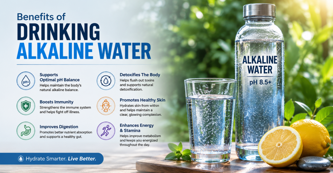Infographic showing the benefits of drinking alkaline water, featuring a pH 8.5+ water bottle, fresh lemon, and wellness icons for hydration, immunity, digestion, energy, detox, and healthy skin.