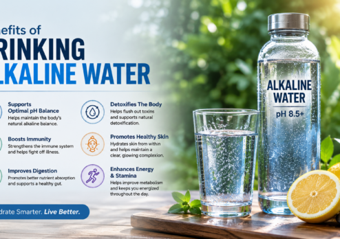Infographic showing the benefits of drinking alkaline water, featuring a pH 8.5+ water bottle, fresh lemon, and wellness icons for hydration, immunity, digestion, energy, detox, and healthy skin.