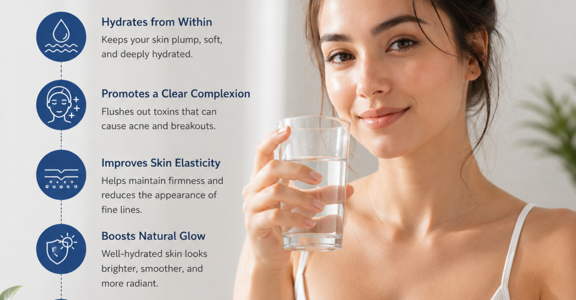 Woman holding a glass of water beside skincare products with infographic showing 5 beauty benefits of water, including hydration, clearer skin, improved elasticity, natural glow, and skin repair.
