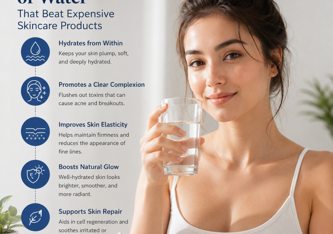 Woman holding a glass of water beside skincare products with infographic showing 5 beauty benefits of water, including hydration, clearer skin, improved elasticity, natural glow, and skin repair.