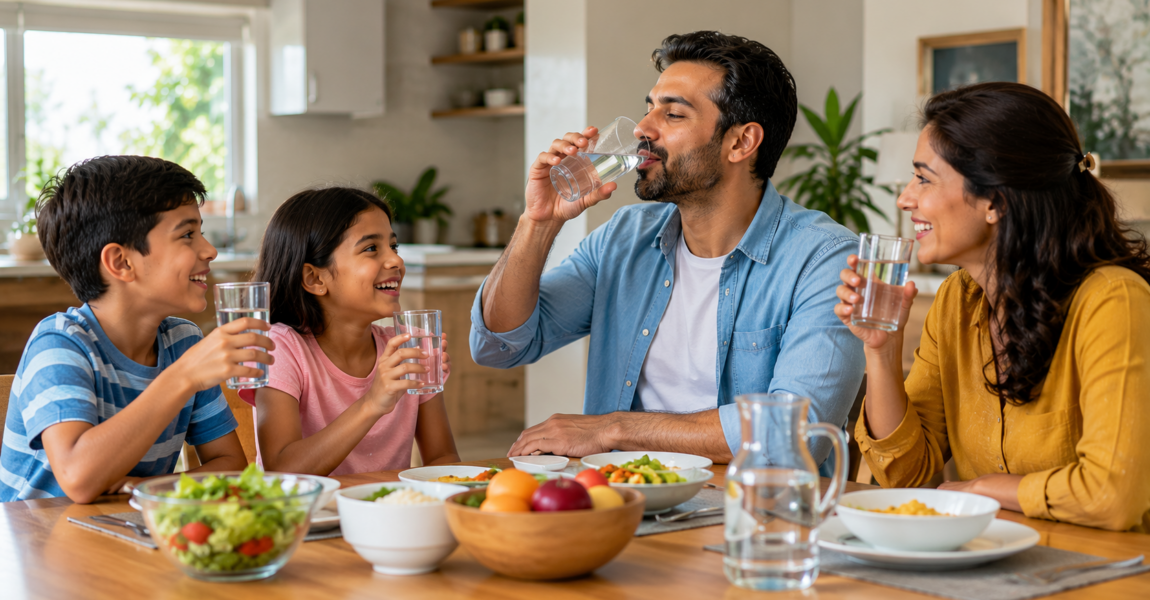 Family drinking clean water together during a healthy meal at home, highlighting the importance of daily hydration and healthy living.