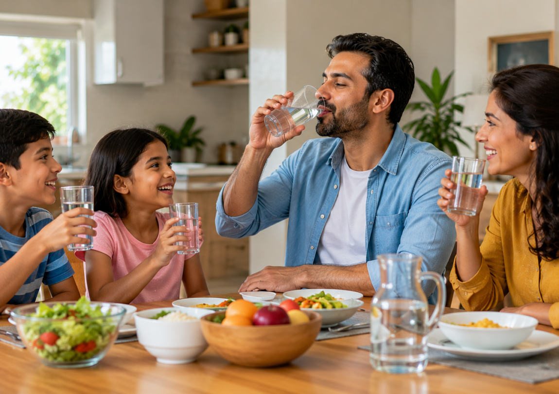 Family drinking clean water together during a healthy meal at home, highlighting the importance of daily hydration and healthy living.